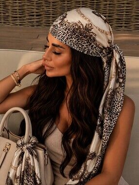Silk-Feel Cream & Brown Chain & Leopard Pattern Headscarf /Scarf/Bag Accessory